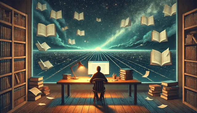 AI generated illustration of a persistent author creating and sharing content.
