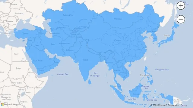 Screenshot of a filled map visualization using country names (Asia) in Power BI.