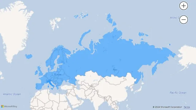Screenshot of a filled map visualization using country names (Europe) in Power BI.