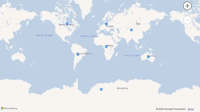 Screenshot of a map visualization using continent names in Power BI.