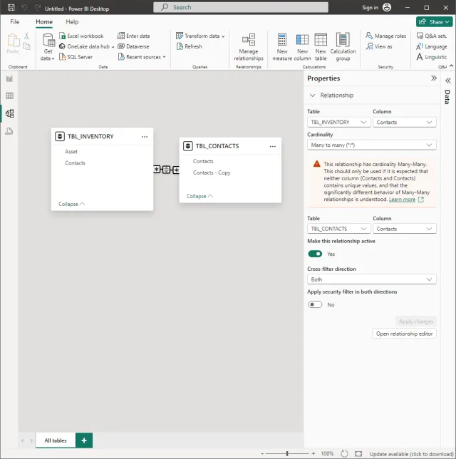 Screenshot of the model view in Power BI.