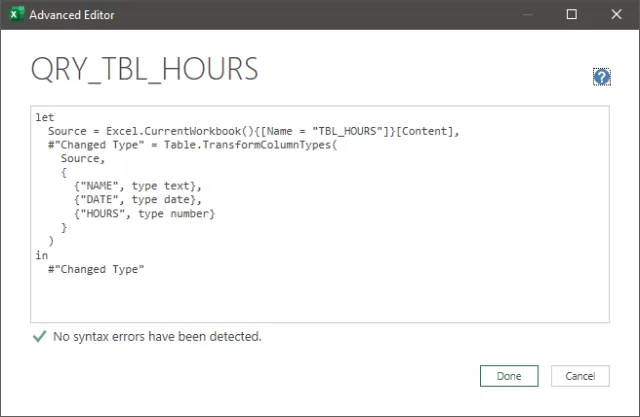 Screenshot of the Advanced Editor displaying the hours table import query.