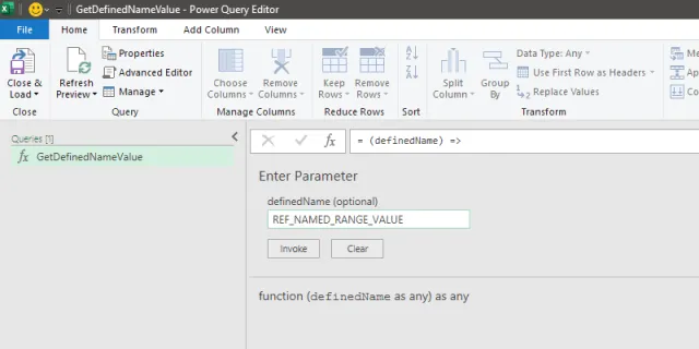 Screenshot of the invoke function screen with test values in Power Query.