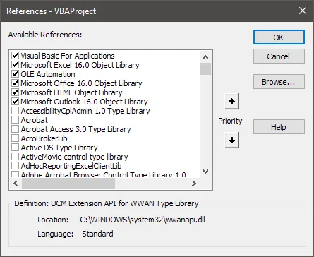 Screenshot of the 'References' dialog box to enable Microsoft Outlook 16.0 Object Library and Microsoft HTML Object Library in Visual Basic for Applications.