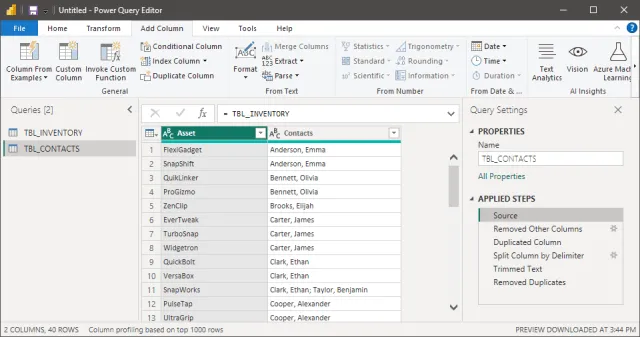 Screenshot of the query to get the underlying source data table in Power Query.