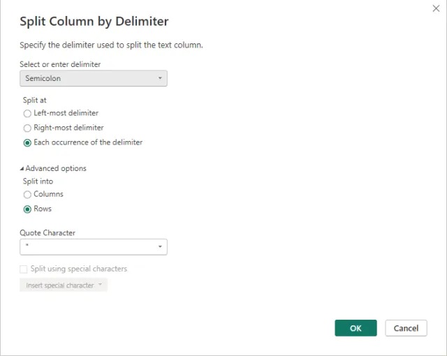 Screenshot of the 'Split Column by Delimiter' configuration in Power Query.