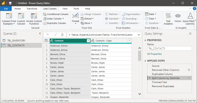 Screenshot of the query step to split a column by a delimiter in Power Query.