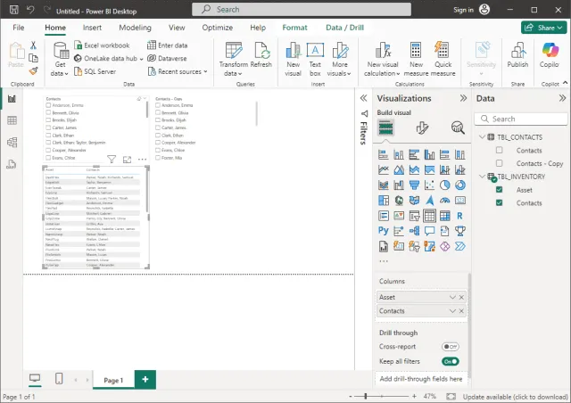 Screenshot of the table visualization configuration in Power BI.