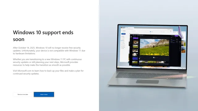 Screenshot of the Microsoft Windows 10 end of support notification.